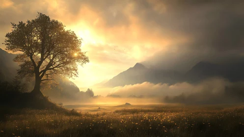 Sunlit fog layers extend across a valley beneath mountains