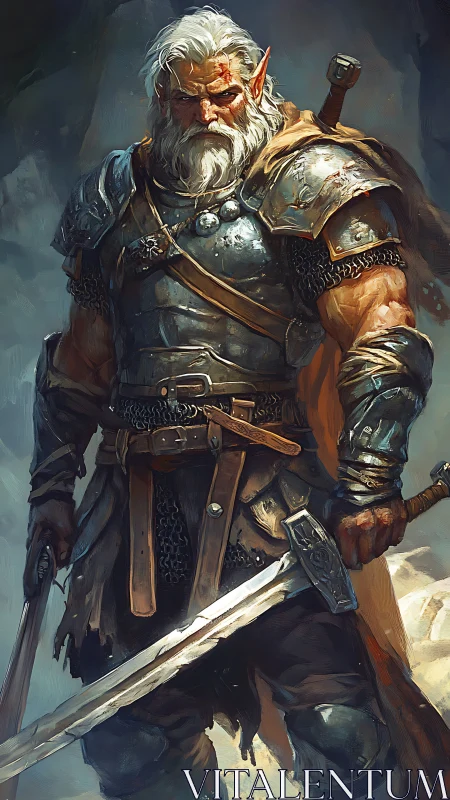 Armored elf warrior stands with dual swords in frontal view