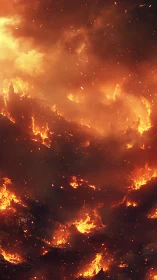 Wildfire landscape with active flame fronts and ember dispersal.