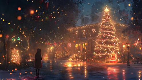 Winter night wanderer beneath a glowing Christmas mansion.
