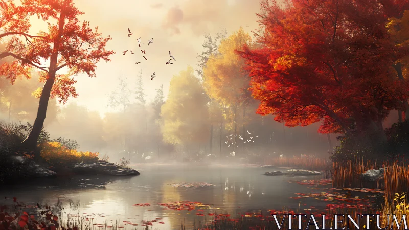 Autumn river glows under misty sunrise with crimson trees.