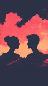 Silhouettes of Two Faces Against Fiery Sunset Glow