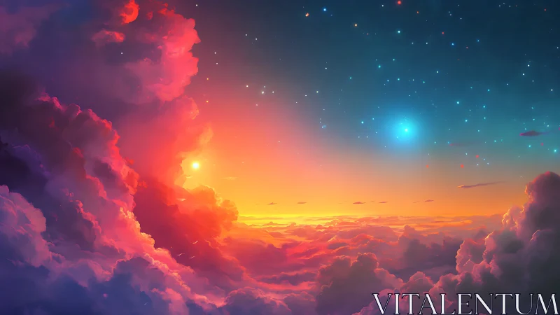 Twin suns serenade cotton skies in a neon dusk opera