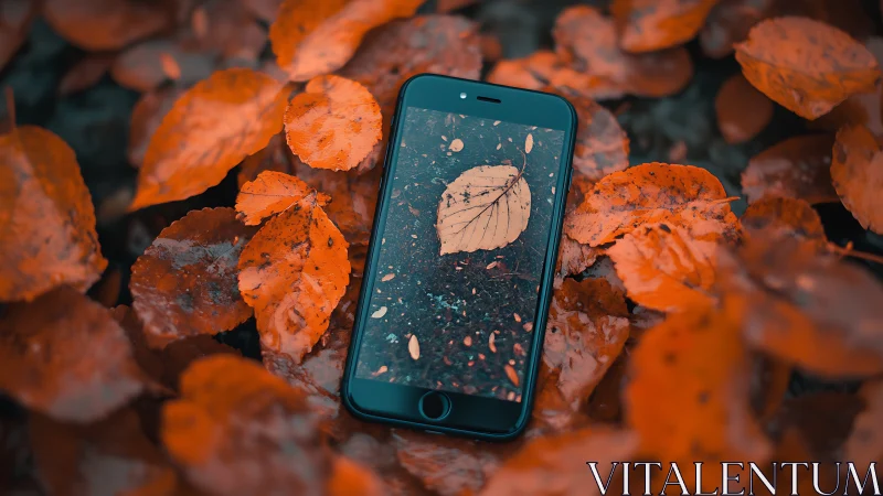 Smartphone lying on bright orange autumn leaves outdoors.
