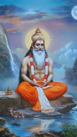 Hindu sage in meditation beside river under glowing sky.