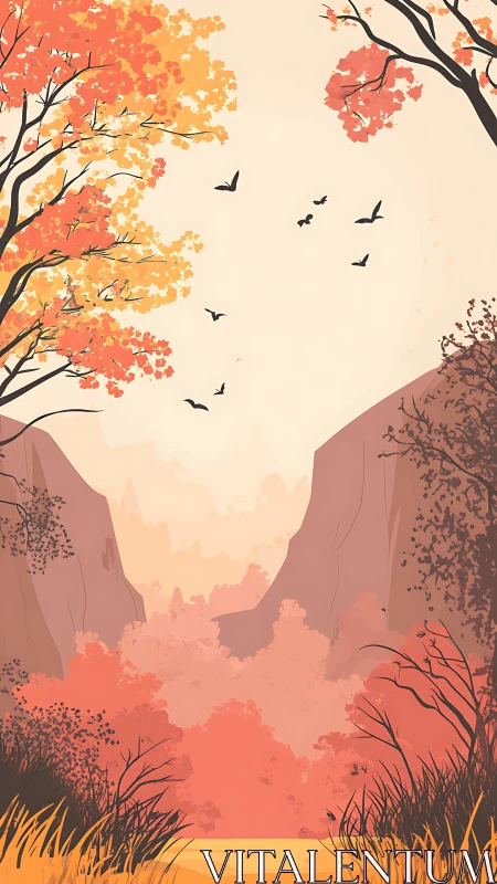 Autumn's Canyon Dream: Birds Dance Through Golden Mountain Light.