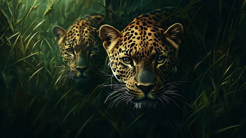 Twin Jaguars in Tall Grass: High-Resolution Digital Portrait Study