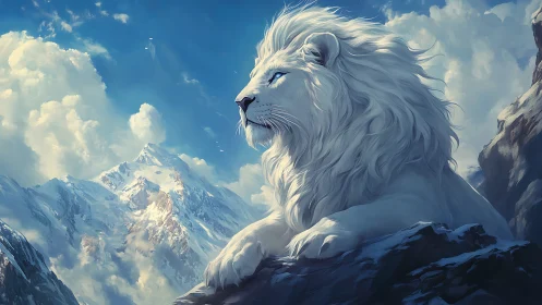 Majestic white lion overlooking alpine mountain range at dusk