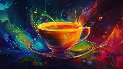 Color-saturated teacup with swirling abstract liquid form.