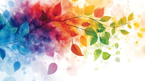 Colorful watercolor leaf branches on white background.