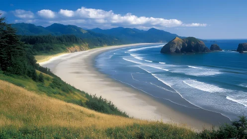 Curved sandy coastline with waves and offshore rock formations