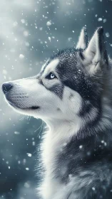 Snow-watching husky with glacier eyes in quiet stormlight.