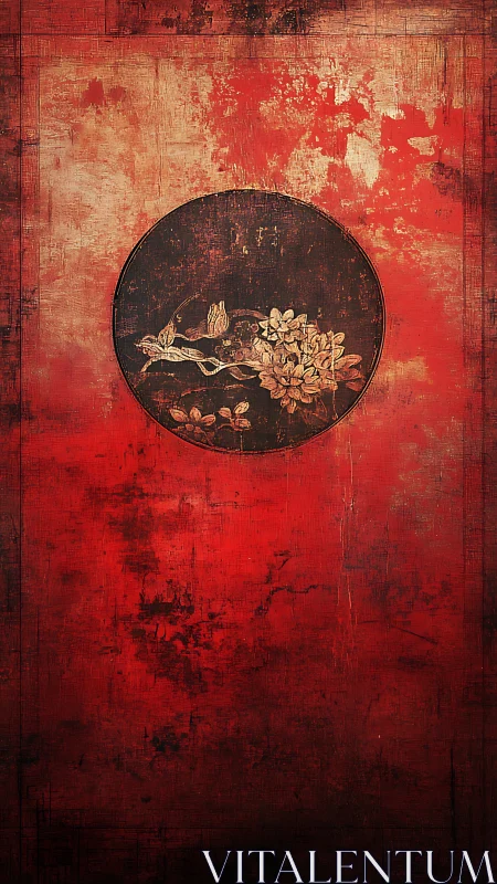 Textured crimson panel with circular floral medallion motif.