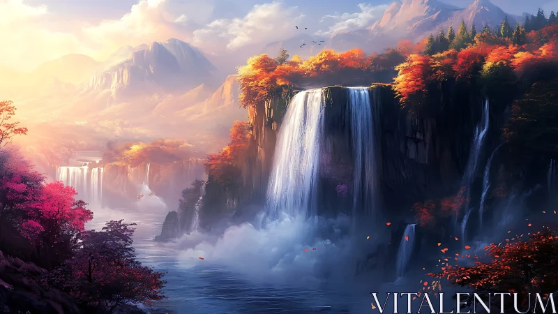 Dreamy autumn waterfalls in a glowing mountain valley.