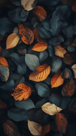 Overhead view shows layered autumn leaves in dark contrast