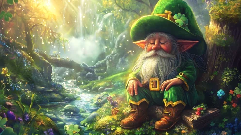 Serene leprechaun resting by luminous forest creek at sunrise