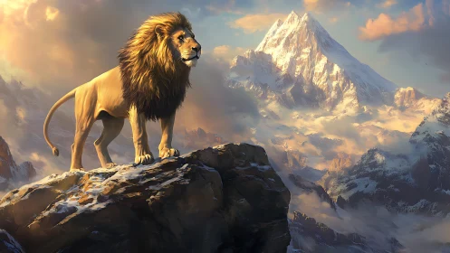 Majestic lion surveys sunlit alpine peaks in golden silence