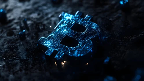 Shiny Blue Bitcoin Symbol on Dark Textured Background, Digital Art.