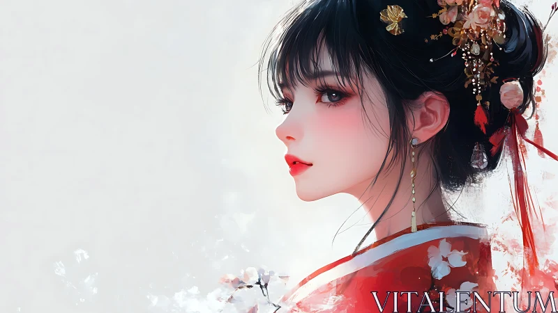 Profile study of kimono-clad heroine in digital chroma bloom.