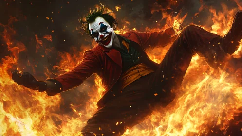 Flaming jester dances wildly through swirling firestorm.