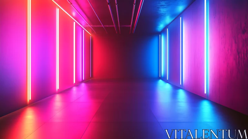 Neon hallway of shifting pink and blue light inviting curiosity.
