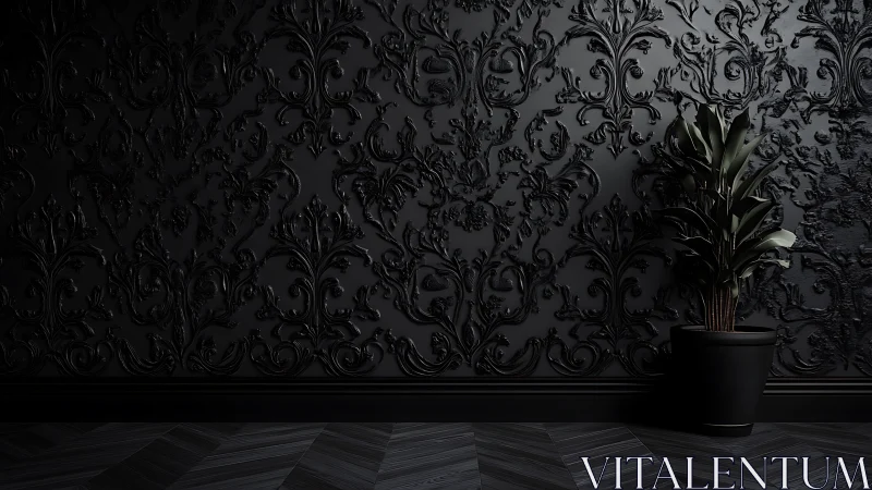 Black baroque wall relief with potted plant contrast.