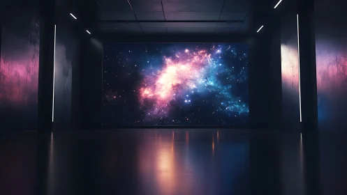 Futuristic gallery room frames luminous nebula-filled cosmos