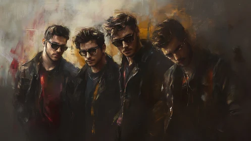 Moody leather quartet in cinematic painterly glow.