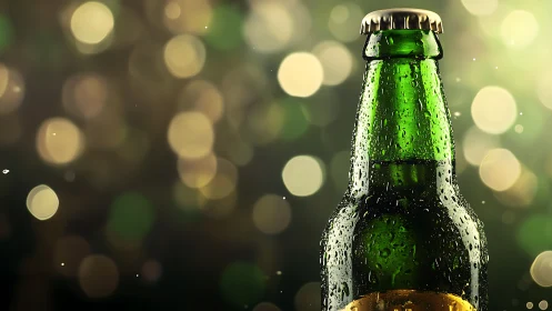 Chilled green beer bottle in bokeh-lit shallow depth scene
