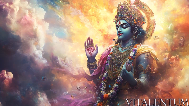 Blue-skinned crowned figure amid dense multicolored clouds.