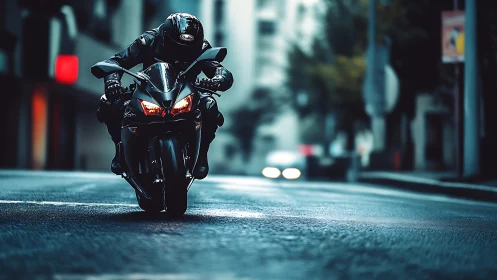 Sport motorcycle rider speeding through wet city street.