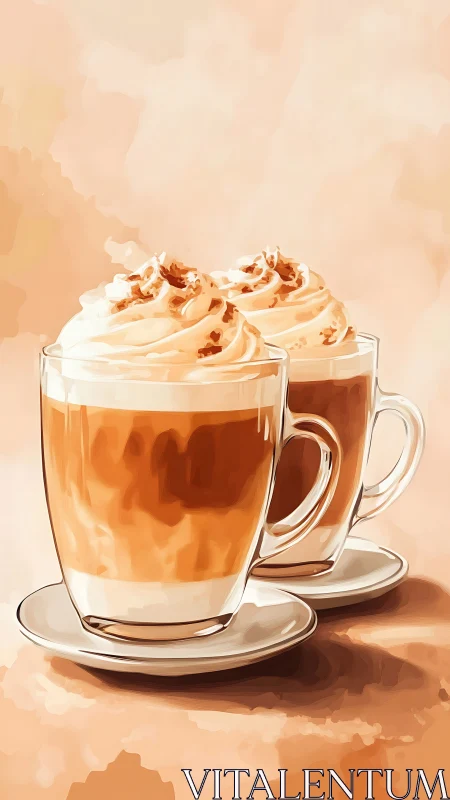 Illustrated glass mugs of latte with cream on neutral backdrop.