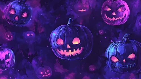 Glowing jack o lanterns drift within deep violet fog