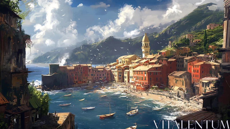 Sunlit harbor village resting between sea and bright hills.