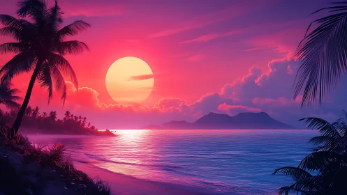 Neon-gradient tropical sunset seascape rendered as digital painting