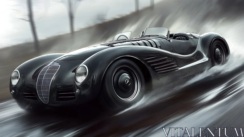Roaring vintage roadster car slices through slick wet asphalt