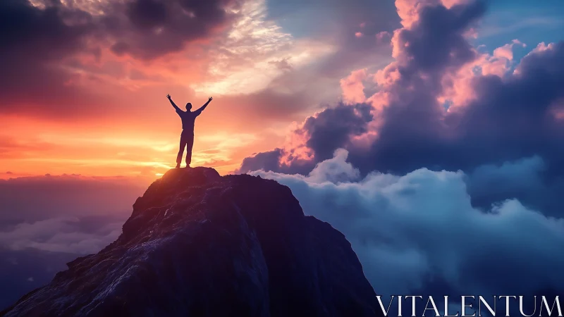 Silhouette on alpine ridge against spectrally saturated sunset sky.