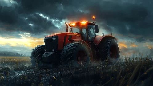Red tractor moves through wet field under heavy storm clouds