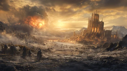 Burning citadel blazes at sunset as weary warriors approach