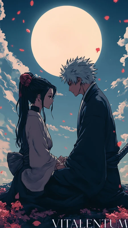 Samurai couple seated under full moon with falling petals.