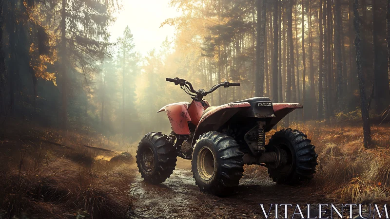 Off-road quad bike stands on dirt track in dense conifer forest