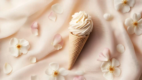 Vanilla ice cream cone rests among soft blush petals.
