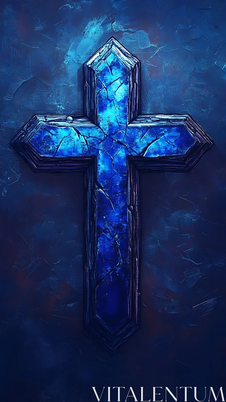 Shattered blue crystal cross on textured midnight field.