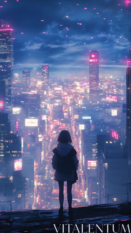 Silhouetted figure observing dense neon cityscape at night.