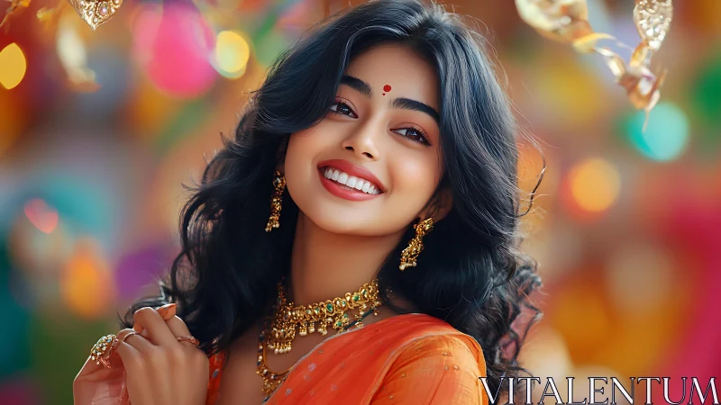Radiant woman in orange saree smiles amid festive lights.
