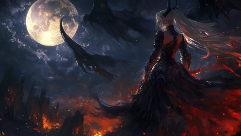 Demon queen surveys burning citadel under bloodlit moon.