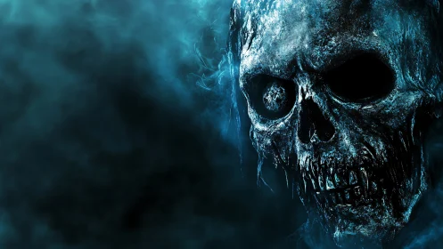Haunting decayed skull emerges from swirling blue mist.