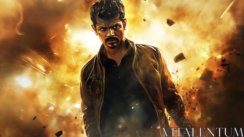 Intense action hero framed by cinematic firestorm lighting.