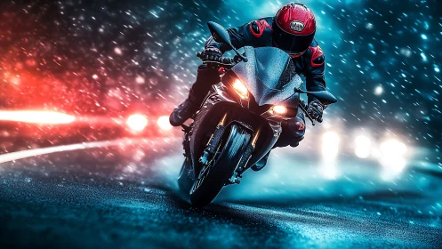 Motorcyclist leans into a neon storm on a wet night highway