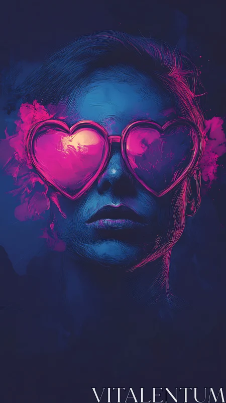 Portrait of face with neon heart sunglasses on dark ground.